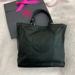 New Tory Burch Black Pebbled Leather Kipp Tote with Perforated Tory Burch Logo